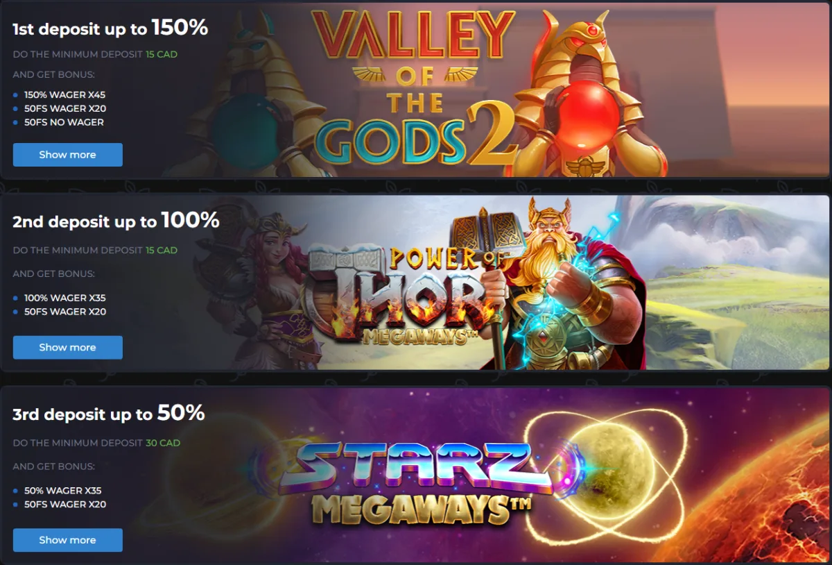 AMPM Casino welcome package cards: up to 150%, 100% and 50% on the first three deposits from 15 CAD