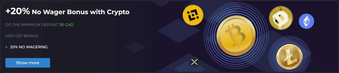 AMPM Casino crypto bonus card: +20% with no wagering on a deposit from 30 CAD
