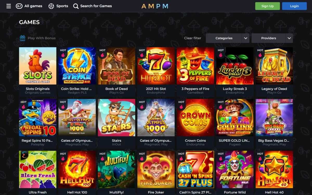 AMPM Casino games lobby with the All Games grid and the Categories and Providers filters