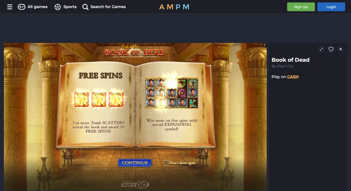 Book of Dead by Play'n GO running in demo mode at AMPM Casino with the Play on CASH link