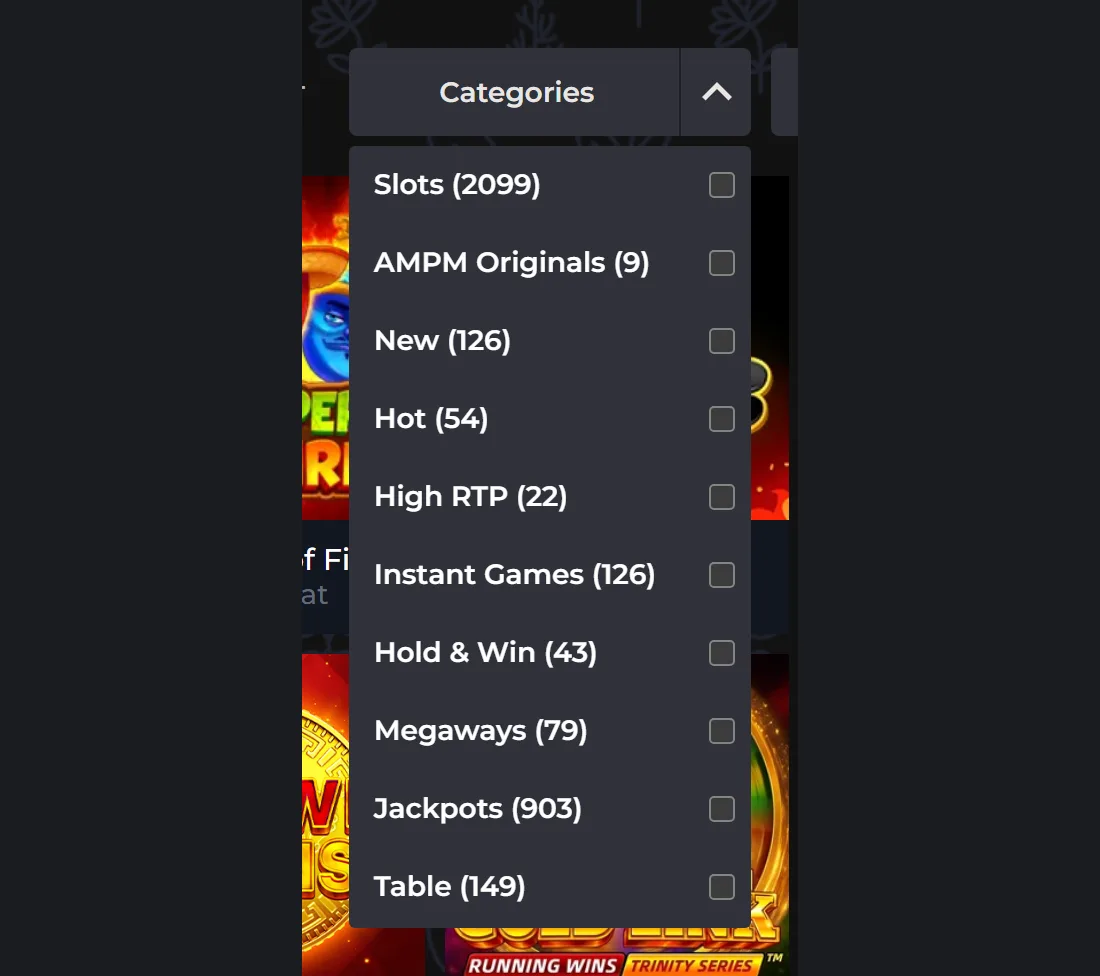 Categories filter opened in the AMPM Casino lobby with Slots, Megaways, High RTP and Table options