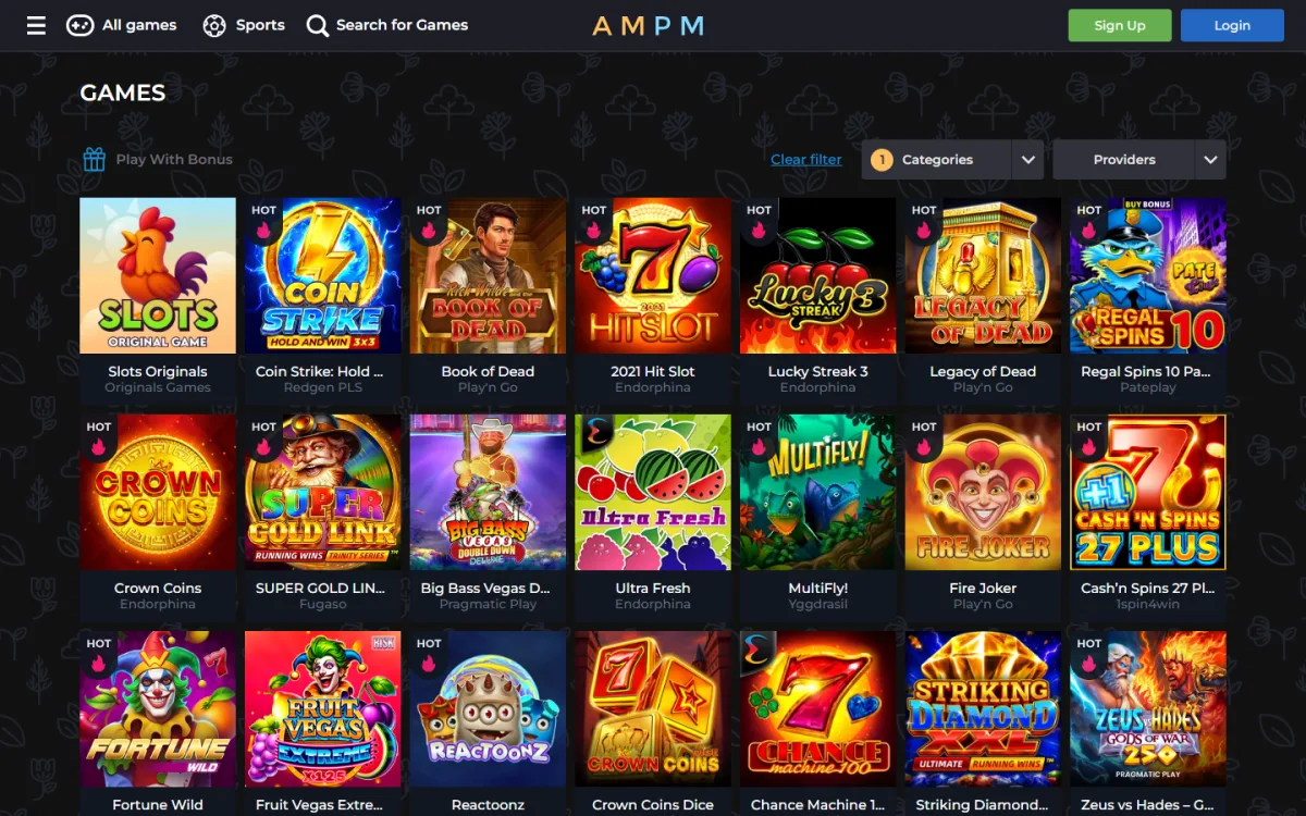 Slot tiles at AMPM Casino with provider names such as Play'n GO, Endorphina and Pragmatic Play