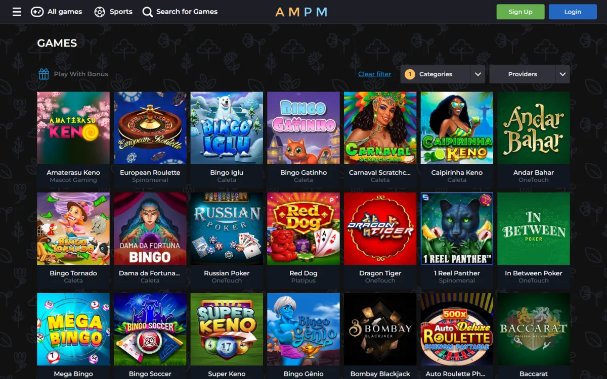 Table Games tab at AMPM Casino with keno, European roulette, bingo and poker titles