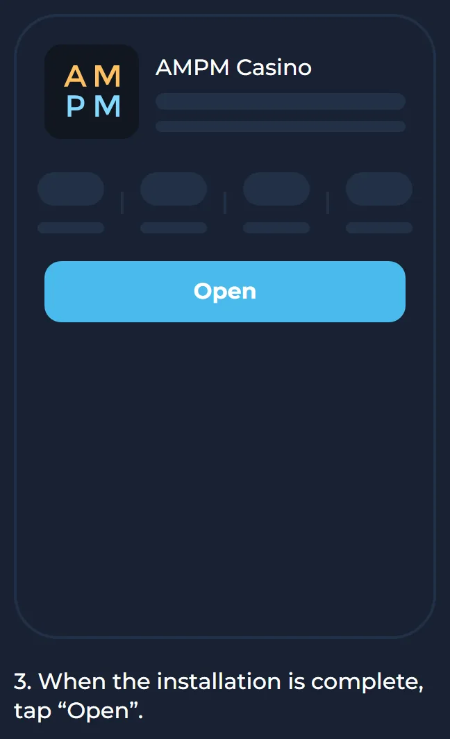 Open button after the AMPM Casino app finishes installing on Android