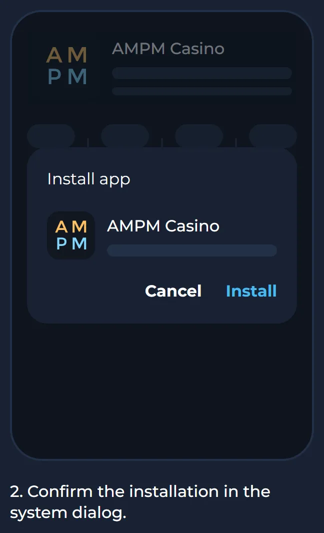 Android Install app system dialog for AMPM Casino with Cancel and Install