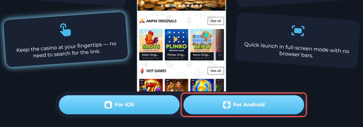 For iOS and For Android buttons on the AMPM Casino app page opened on a laptop