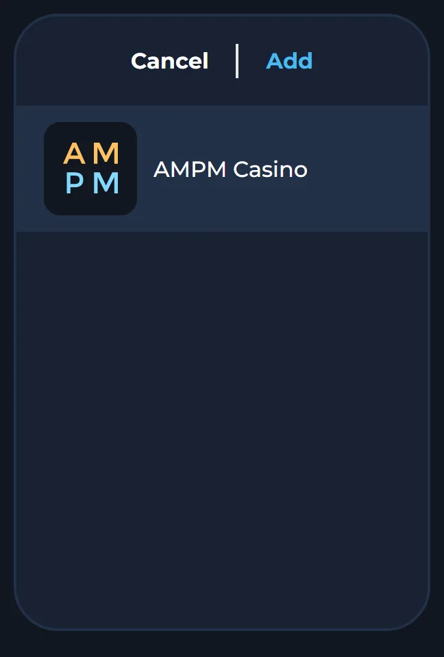 Cancel and Add buttons above the AMPM Casino icon before it goes on the iPhone home screen