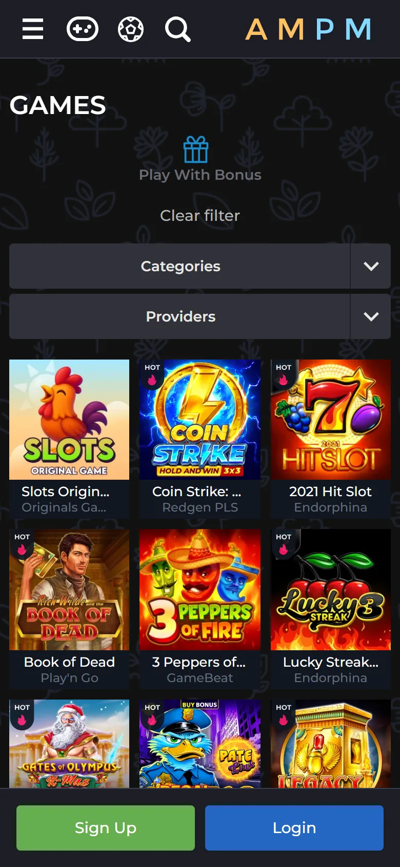 AMPM Casino games lobby with Categories and Providers filters on a phone screen