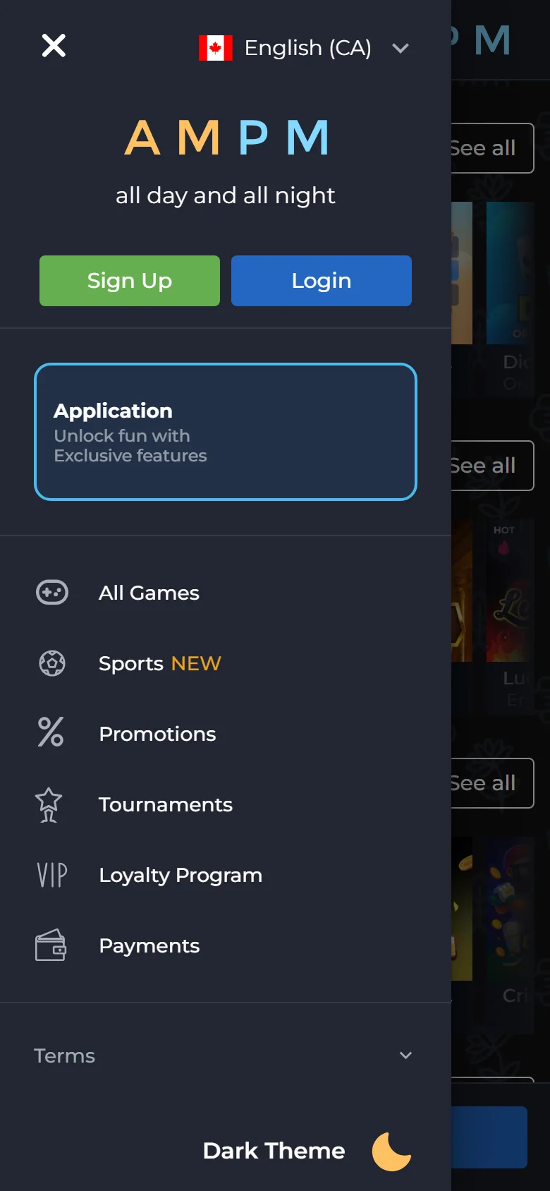 Side menu of the AMPM Casino mobile site with the Application card above All Games and Sports