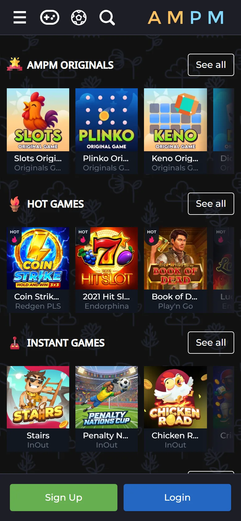 AMPM Casino online on a phone: AMPM Originals, Hot Games and Instant Games rows above the Sign Up and Login buttons
