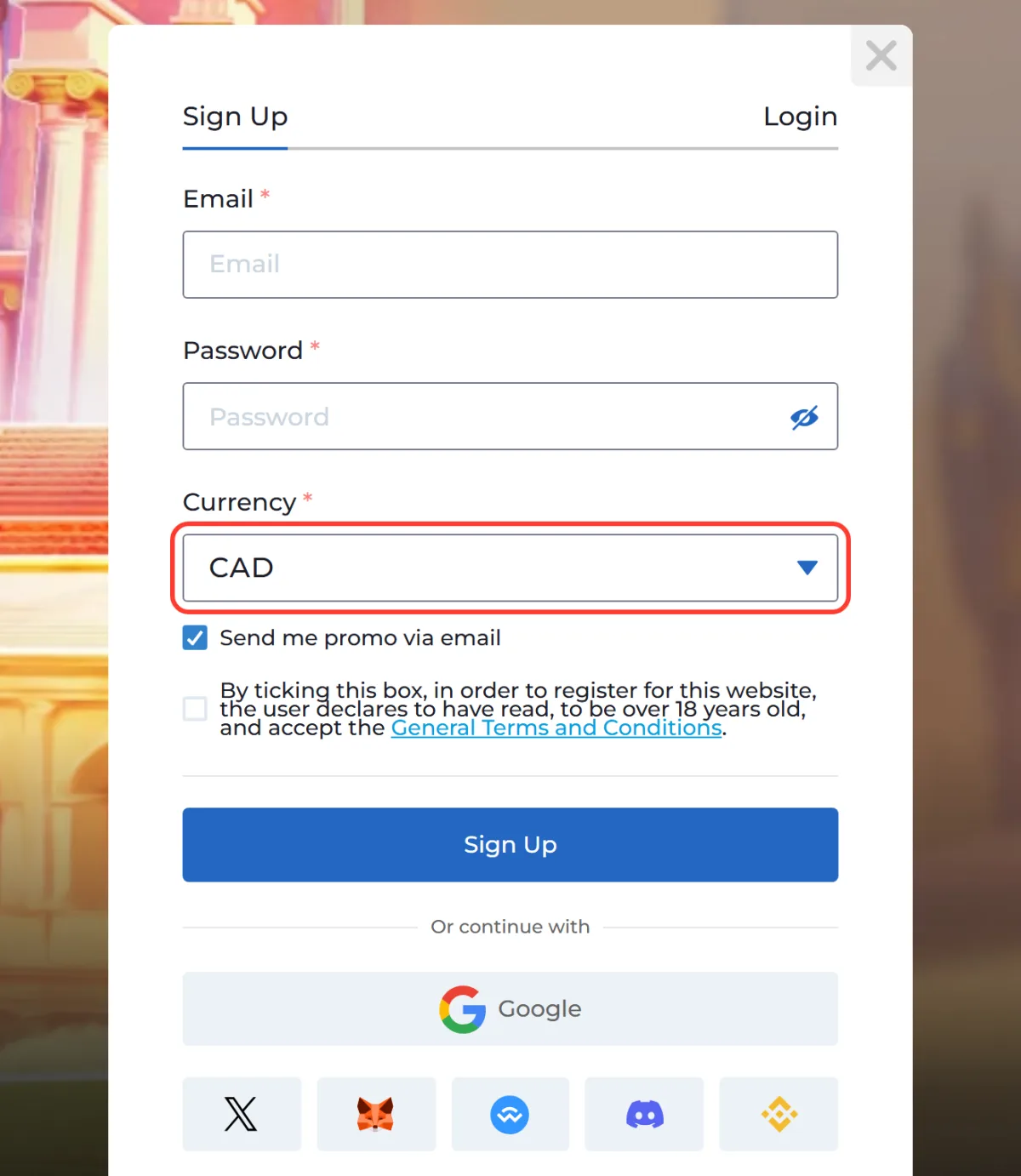 Currency drop-down showing CAD outlined during AMPM Casino registration