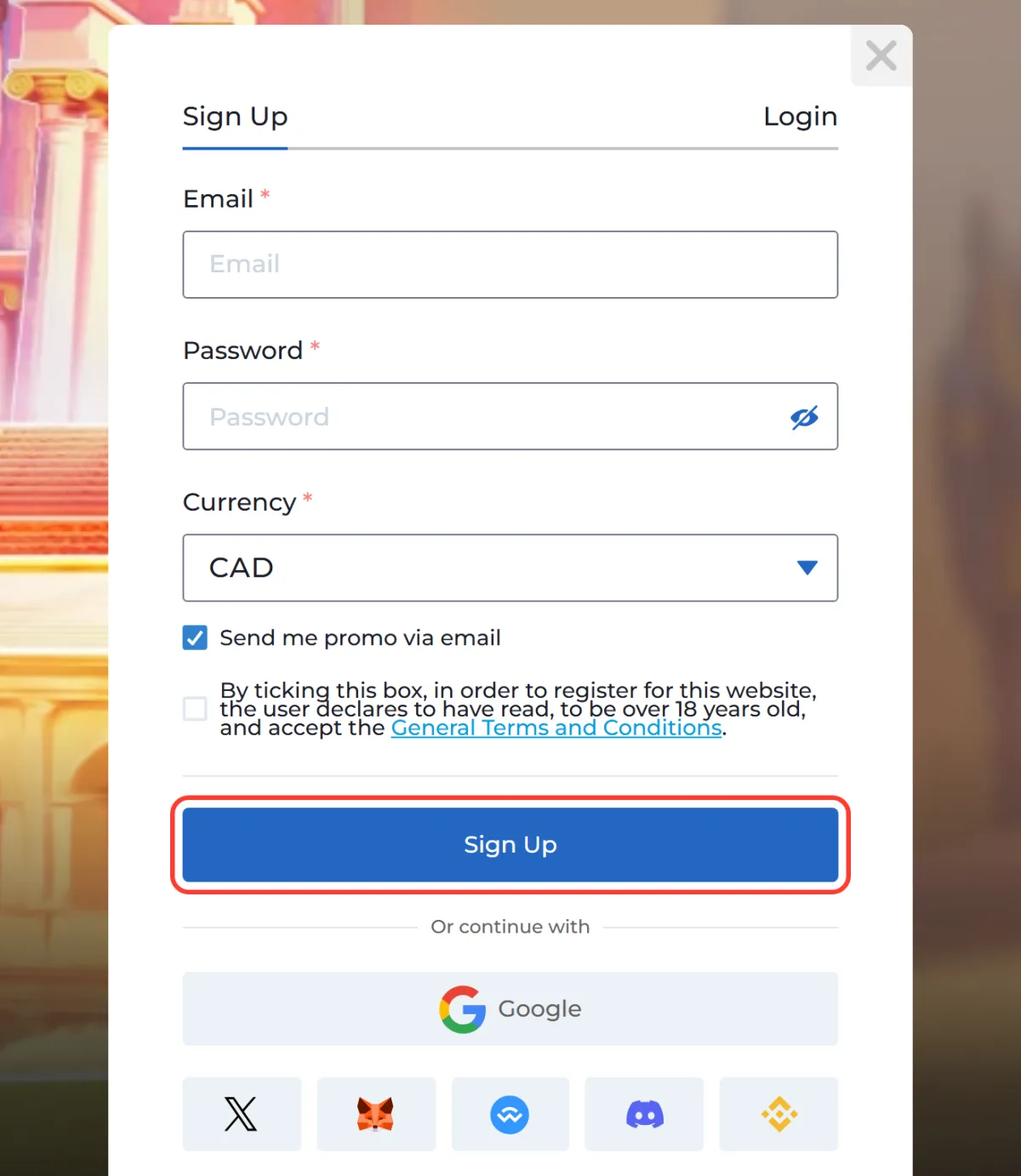 Sign Up button outlined below the consent box, the last click to create a CAD account