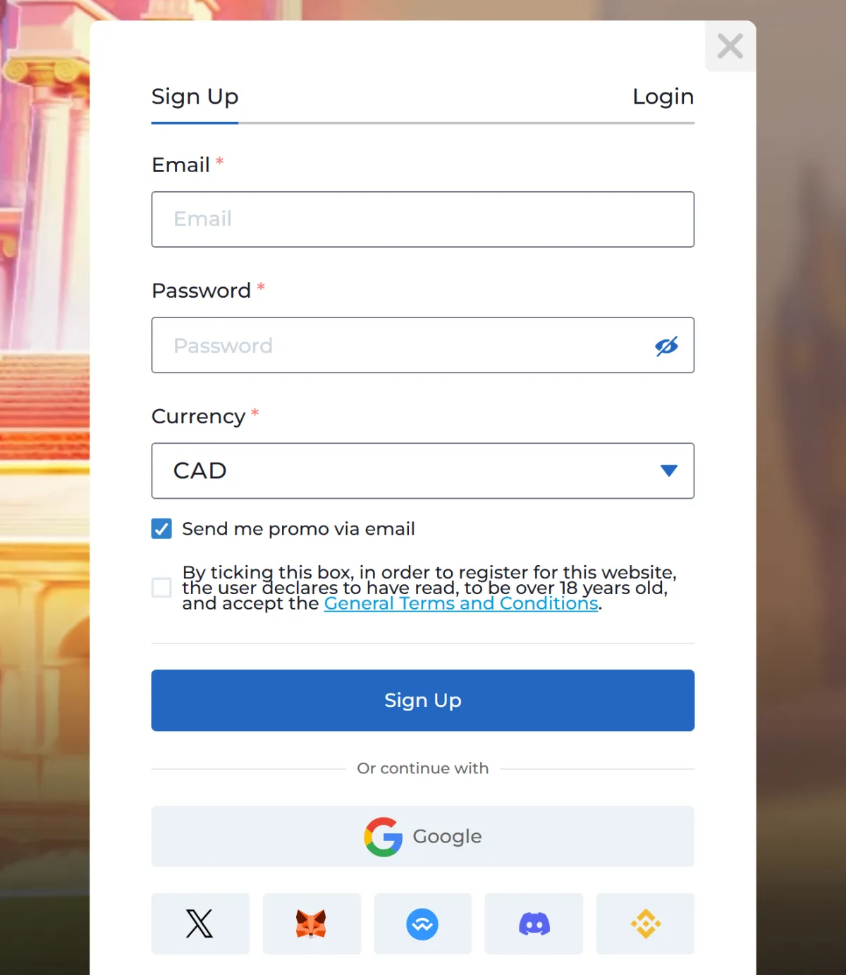 AMPM Casino registration window with Email, Password, Currency set to CAD, the consent box and Google sign-up