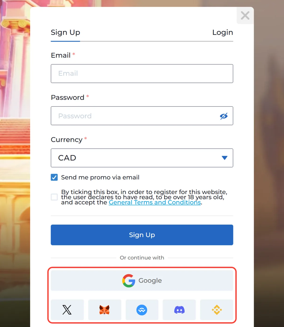 Or continue with section: Google button and X, MetaMask, WalletConnect, Discord and Binance Wallet icons outlined