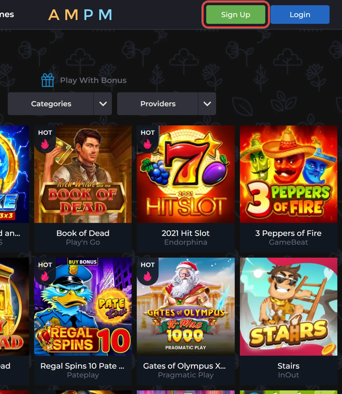 Green Sign Up button next to Login in the AMPM Casino header