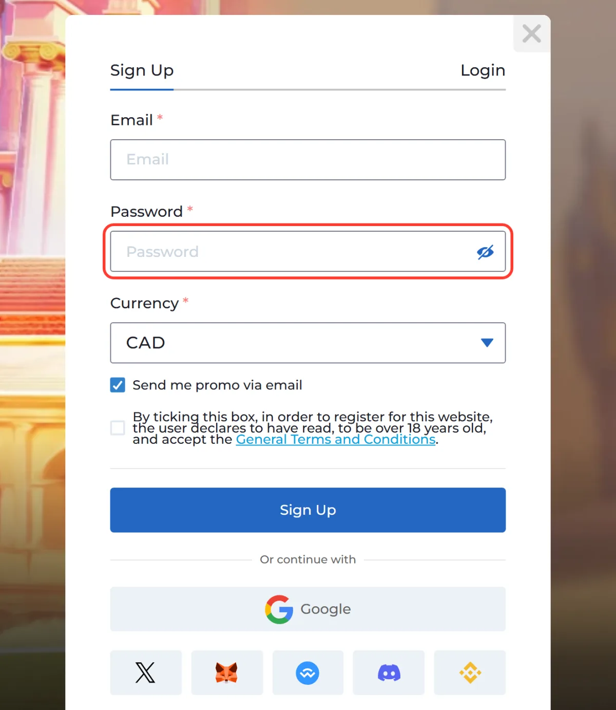 Password input with the show-password eye icon outlined in the registration window