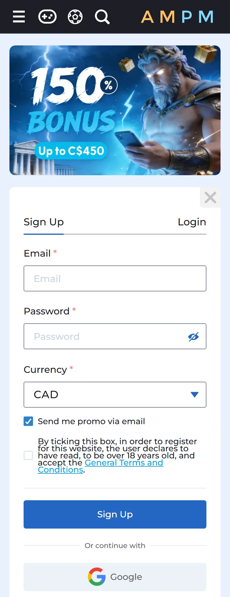 Registration on a phone browser: 150% bonus up to 450 CAD banner above the Email, Password and CAD fields