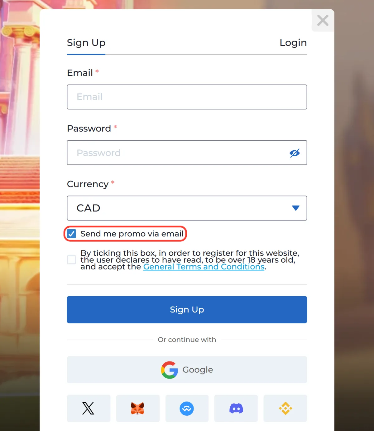 Send me promo via email box ticked by default and outlined in the registration form