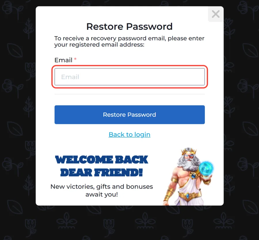 Email input framed on the Restore Password screen asking for the registered address