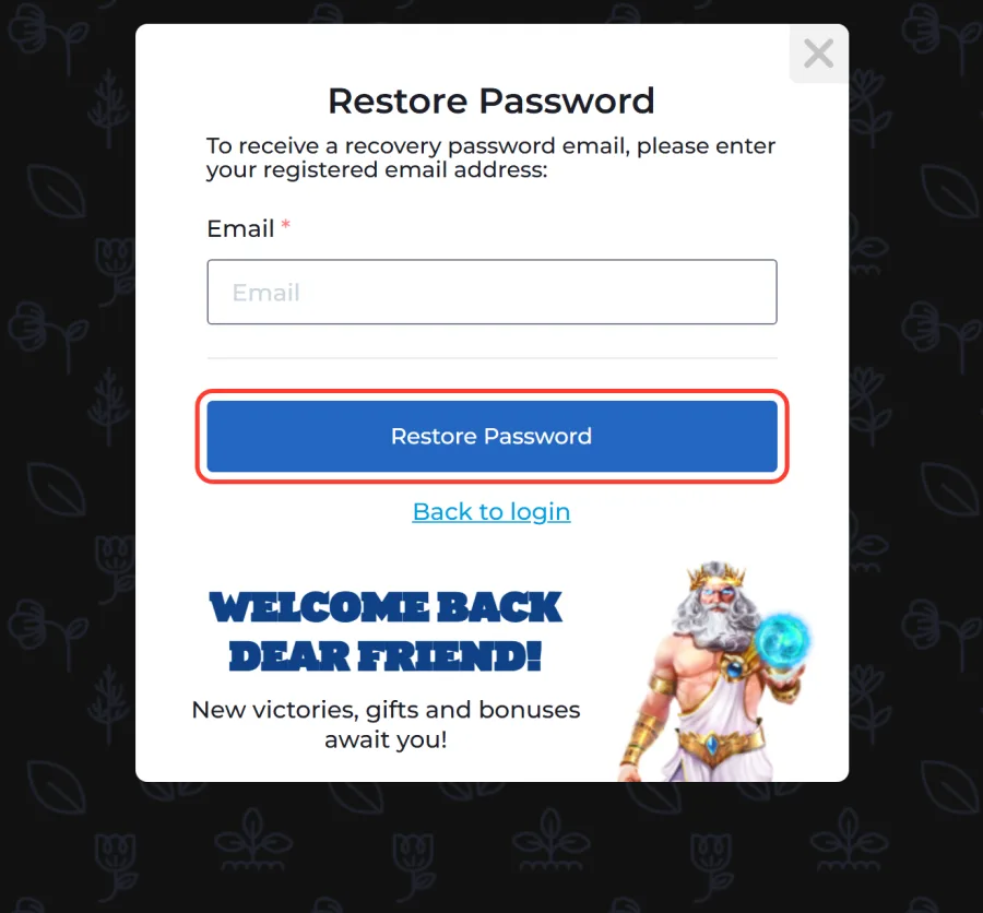 Restore Password button framed above the Back to login link