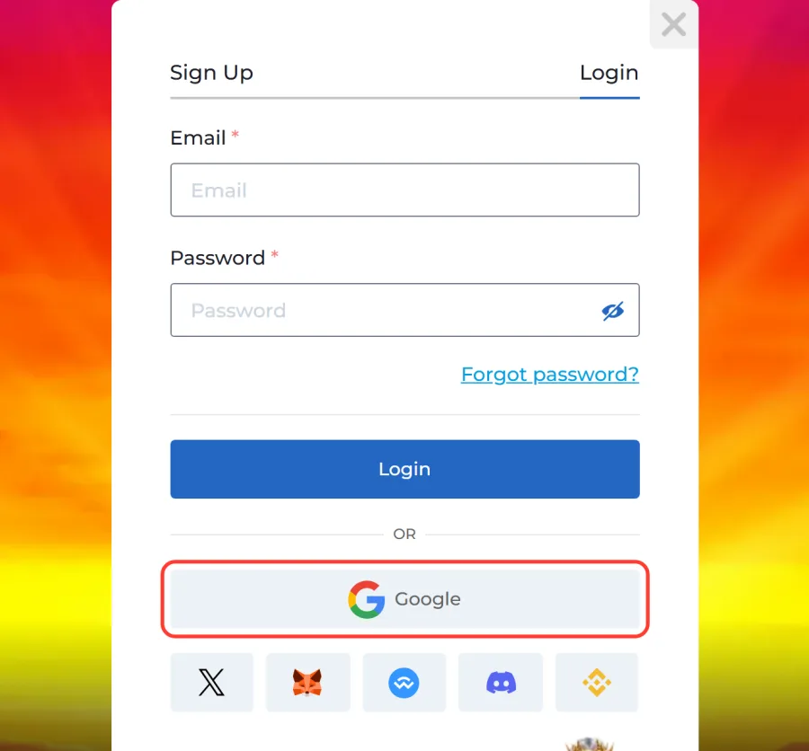 Google sign-in button framed under OR, with the row of five social and wallet icons below