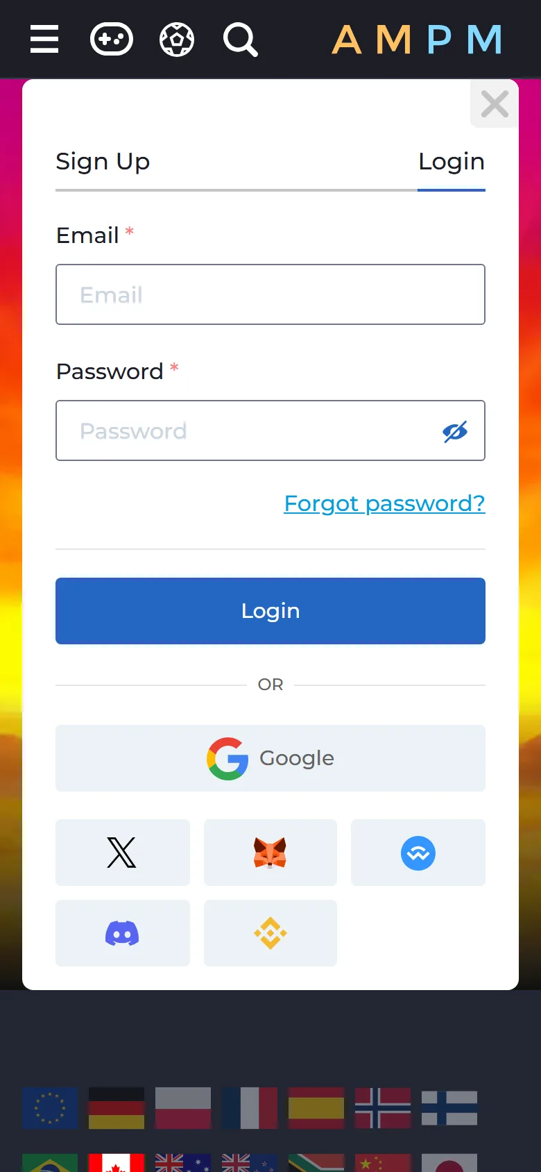 AMPM Casino login form on a phone, with social and wallet icons in two rows